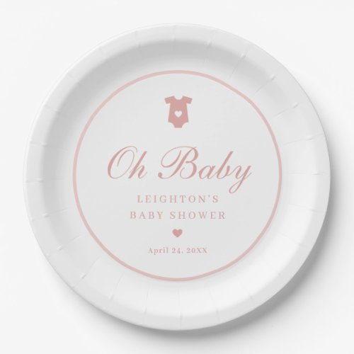 Elegant Pink Script Girls Oh Baby Shower  Paper Plates