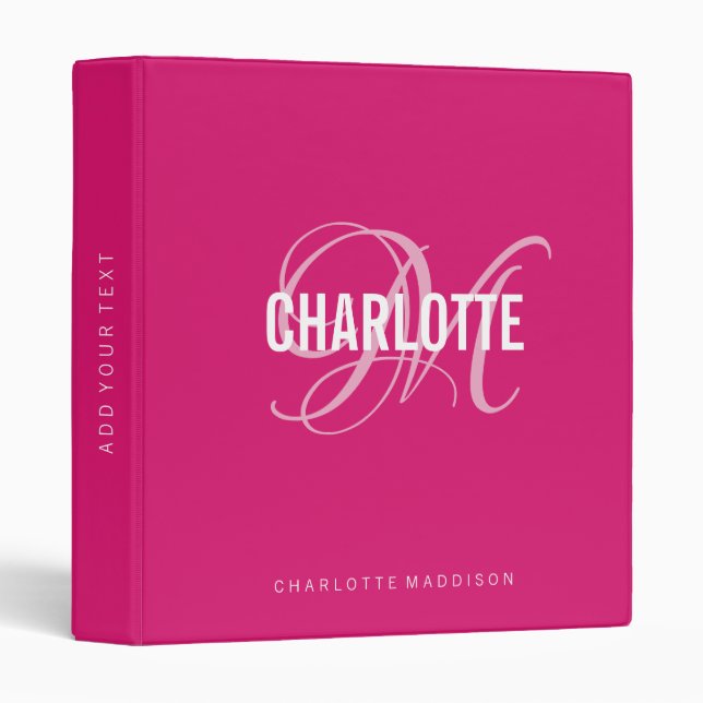 Elegant Pink Script Monogram Name  3 Ring Binder (Front/Spine)