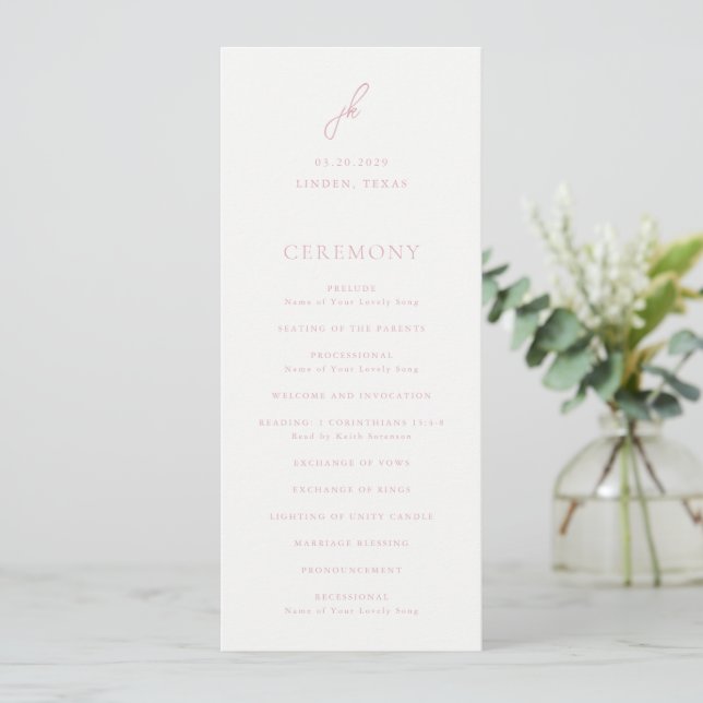 Elegant Pink Script Monogram Wedding Program (Standing Front)