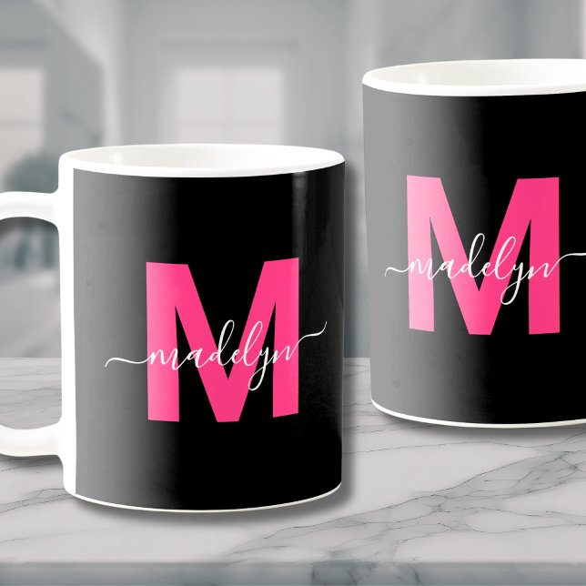 Elegant Pink Script Name Initial Monogram Coffee Mug (Elegant Pink Script Name Initial Monogram Coffee Mug)