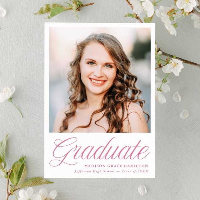 Elegant Pink Script Photo Graduation Announcement (Creator Uploaded)