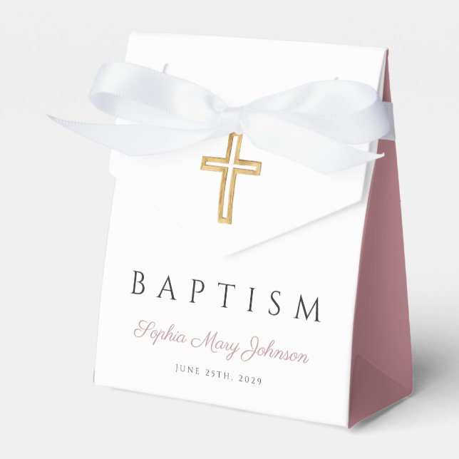 Elegant Pink Script Religious Cross Girl Baptism  Favor Boxes (Front Side)