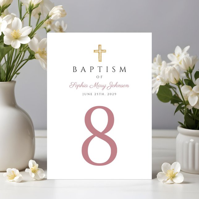 Elegant Pink Script Religious Cross Girl Baptism Table Number (Religious Cross Pink Girl Baptism Table Number)