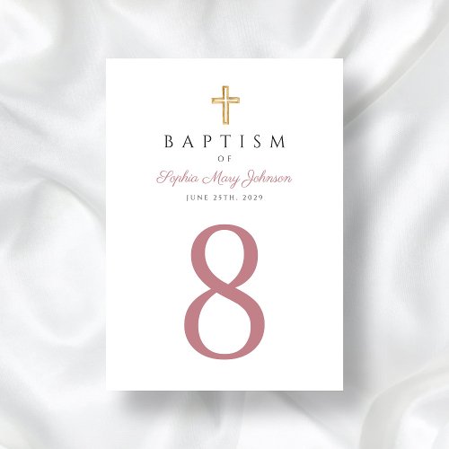 Elegant Pink Script Religious Cross Girl Baptism Table Number