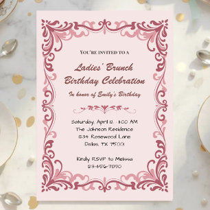 Elegant Pink Scroll Ladies’ Tea Birthday Party Invitation