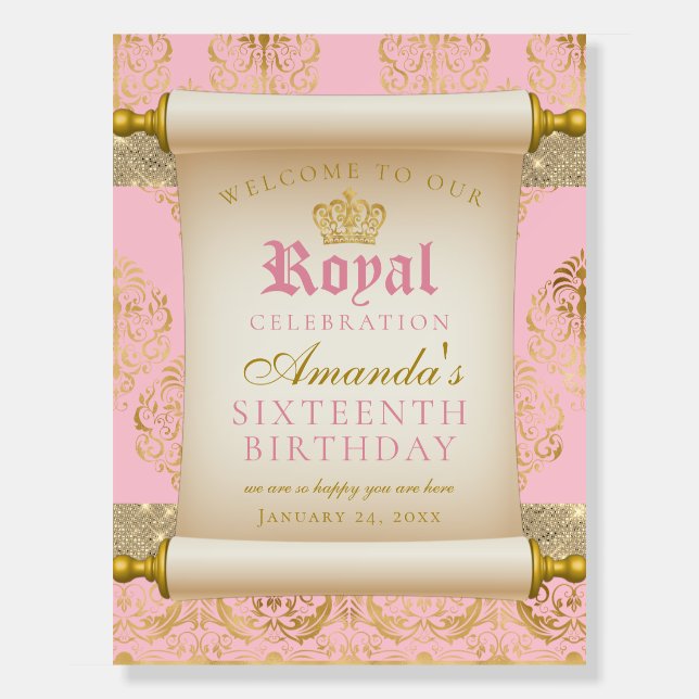 Elegant Pink Scroll Royal Birthday Welcome  Foam Board (Front)