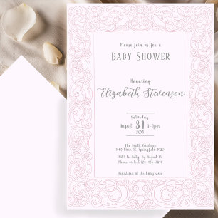 Elegant Pink Scrollwork Baby Shower Invitation