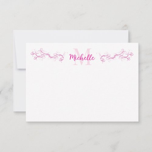 Elegant Pink Scrollwork Personalized  Note Card