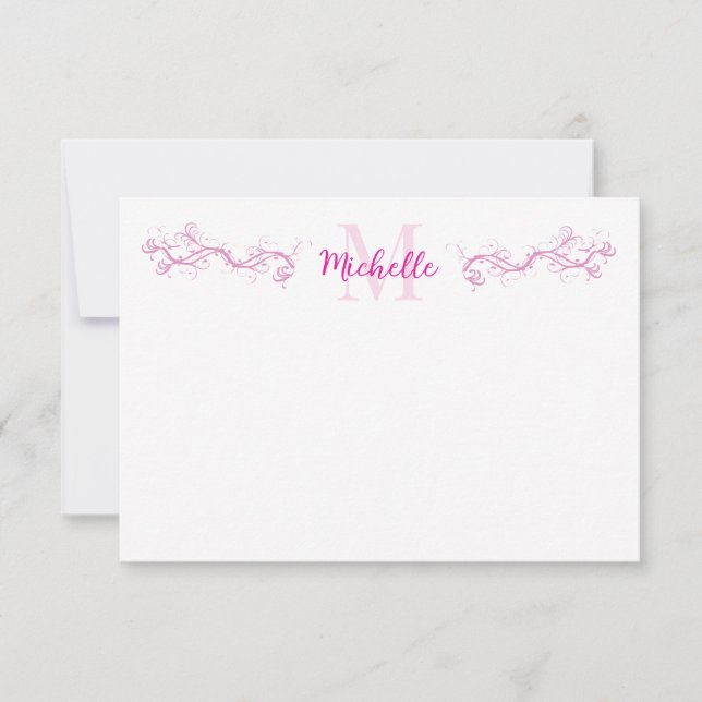 Elegant Pink Scrollwork Personalized  Note Card (Front)