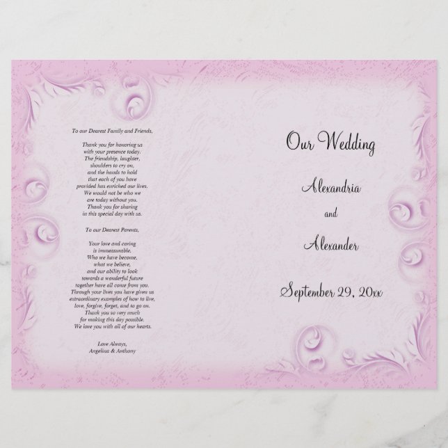 Elegant Pink Scrollwork Wedding Program (Front)