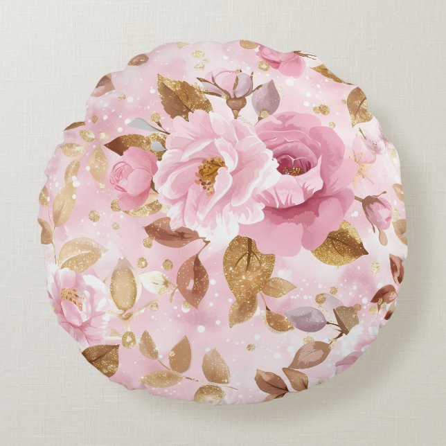 elegant pink seamless pattern with flowers roses a round pillow (Front)