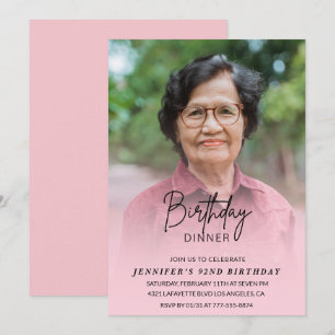 Elegant Pink Shadow Dinner Photo 92nd birthday Invitation