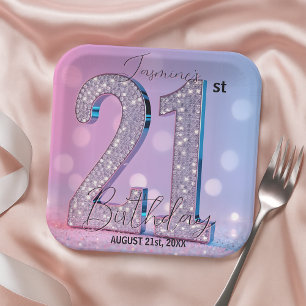 Elegant Pink Shimmering Diamonds 21st Birthday Paper Plates