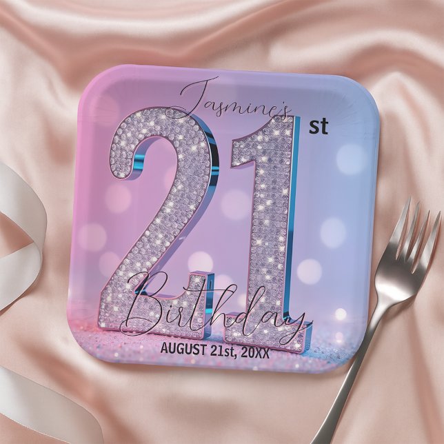 Elegant Pink Shimmering Diamonds 21st Birthday Paper Plates (Creator Uploaded)