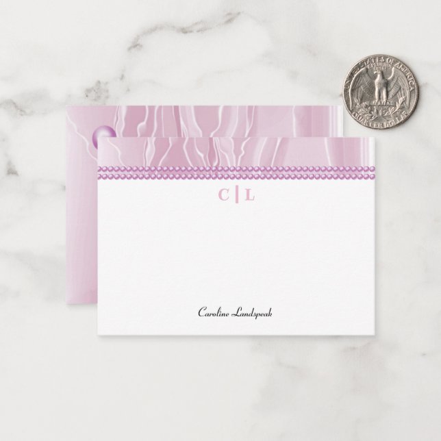 Elegant Pink Silk & Pink Pearls Monogrammed Note Card (Front/Back In Situ)