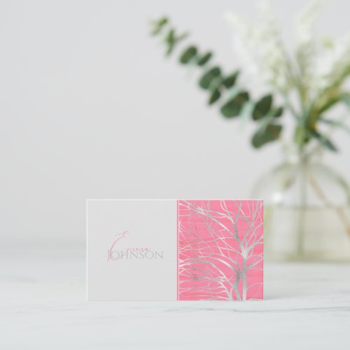 Elegant Pink Silver Autumn Tree Drawing Business Card