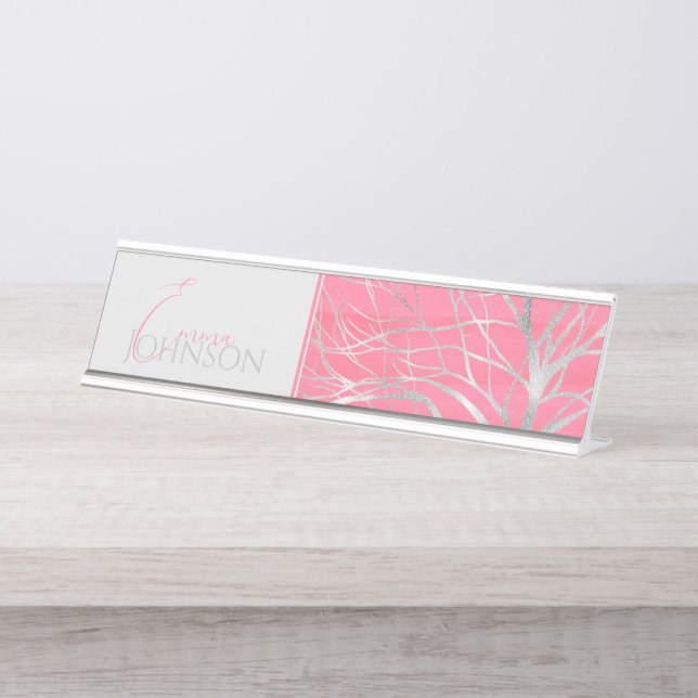 Elegant Pink Silver Autumn Tree Drawing Desk Name Plate (Front)