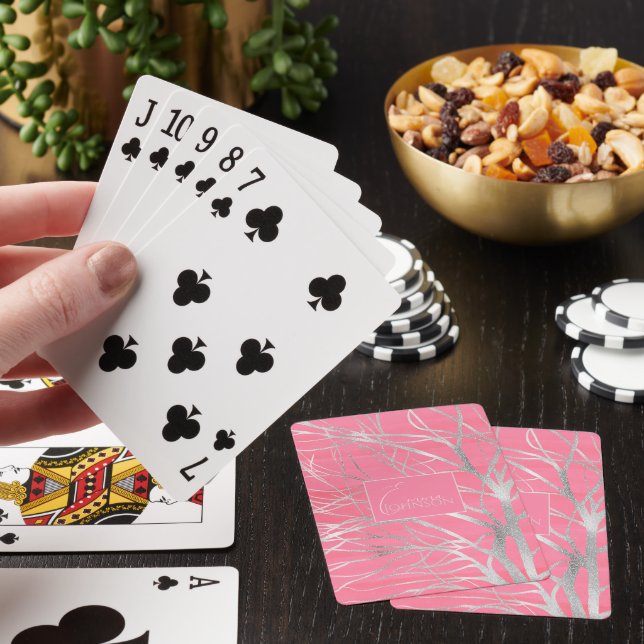 Elegant Pink Silver Autumn Tree Drawing Poker Cards (In Situ)