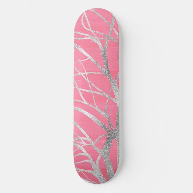 Elegant Pink Silver Autumn Tree Drawing Skateboard (Front)