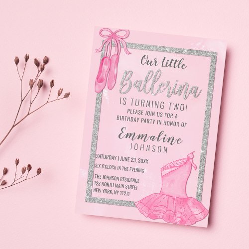 Elegant pink silver ballerina watercolor Birthday Invitation
