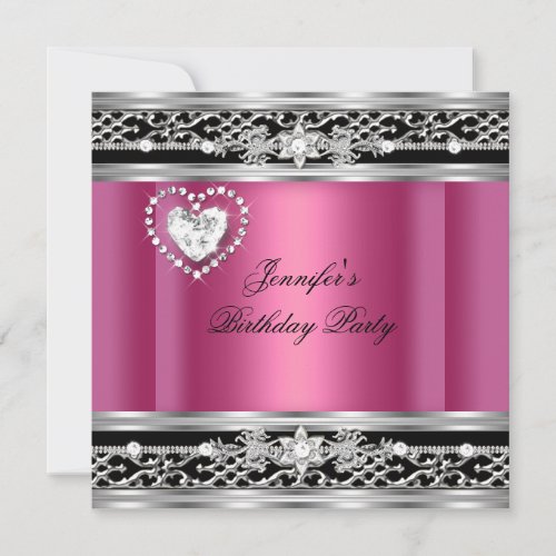 Elegant Pink Silver Black Diamond Birthday Party Custom Invitation