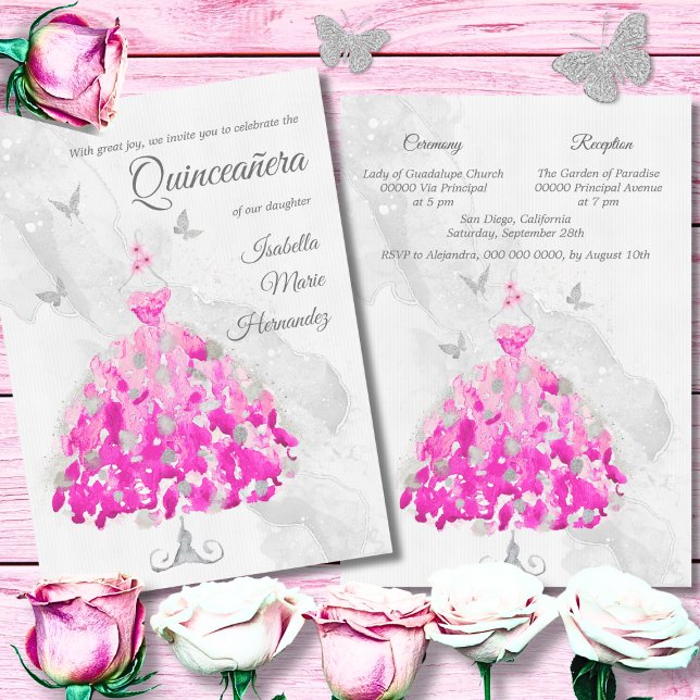 Elegant Pink & Silver Butterflies Quinceañera Invitation (Creator Uploaded)
