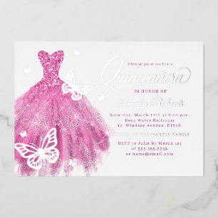 Elegant Pink Silver Butterfly Dress Quinceanera Foil Invitation
