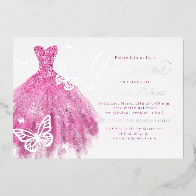 Elegant Pink Silver Butterfly Dress Quinceanera  Foil Invitation (Front)