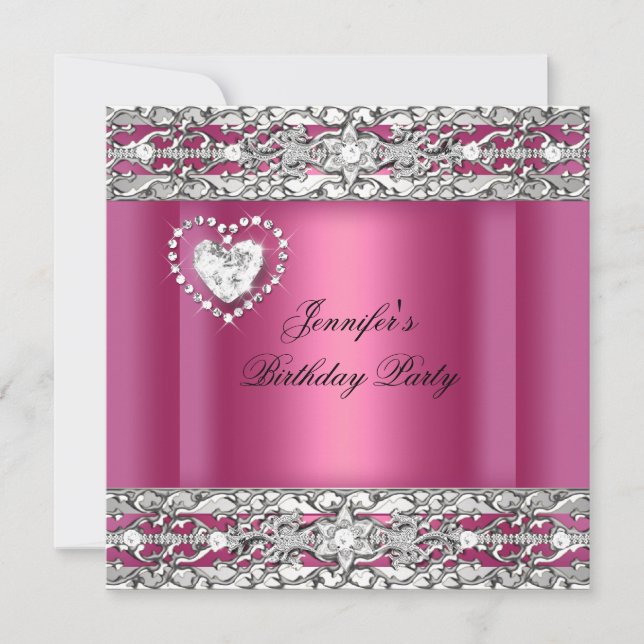 Elegant Pink Silver Diamond Birthday Party Invitation (Front)