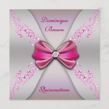 Elegant Pink Silver Diamond Bow Quinceanera Invitation by InvitationBlvd at Zazzle