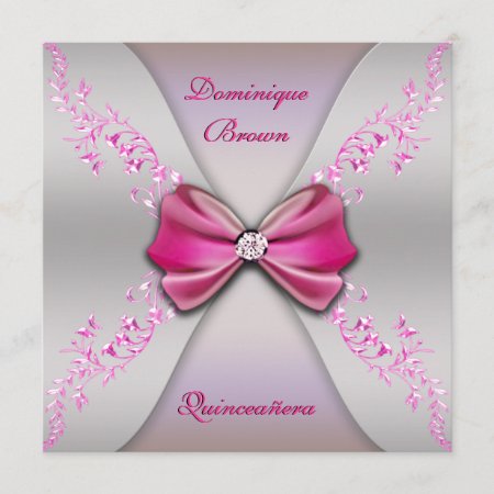 Elegant Pink Silver Diamond Bow Quinceanera Invitation