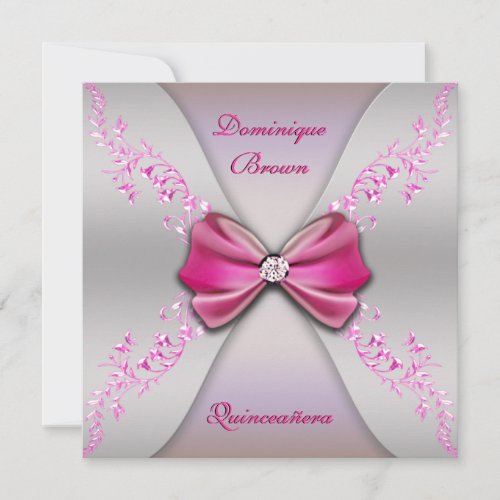 Elegant Pink Silver Diamond Bow Quinceanera Invitation