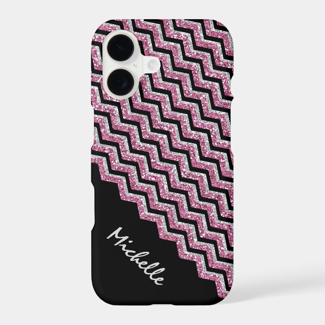 Elegant Pink Silver Glitter Chevron Personalized Case-Mate iPhone Case (Back)