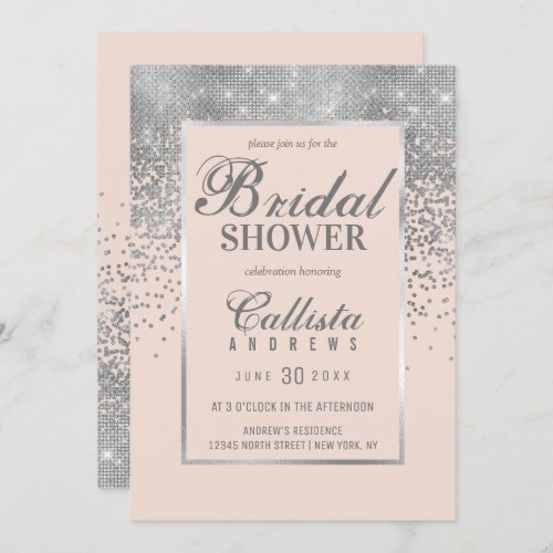 Elegant Pink Silver Glitter Confetti Bridal Shower Invitation
