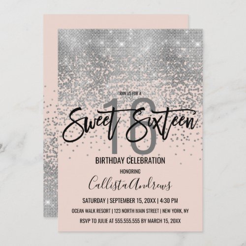 Elegant Pink Silver Glitter Confetti Sweet 16 Invitation