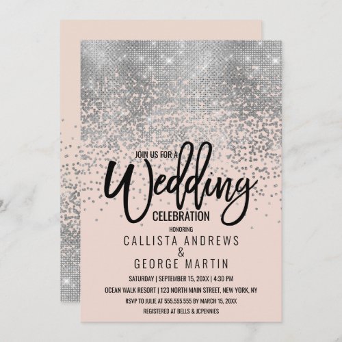 Elegant Pink Silver Glitter Confetti Wedding Invitation