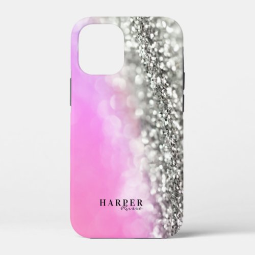 Elegant Pink Silver Glitter Custom Name iPhone 12 Mini Case
