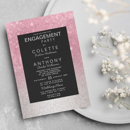 Elegant Pink Silver Glitter Gradient Engagement Invitation