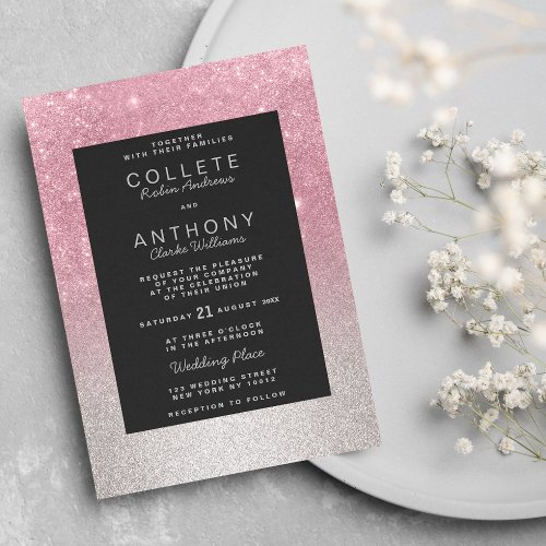 Elegant Pink Silver Glitter Gradient Glam Wedding Invitation