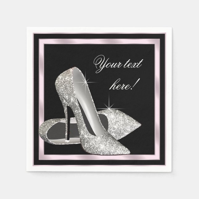 Elegant Pink Silver Glitter High Heel Napkins (Front)