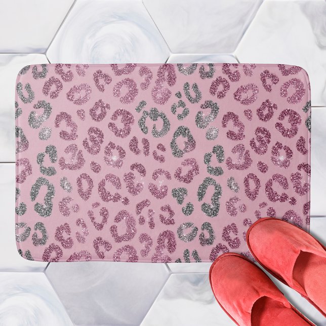 Elegant Pink Silver Glitter Leopard on Rose Gold Bath Mat (Creator Uploaded)