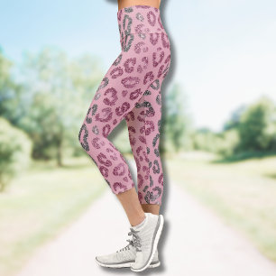 Elegant Pink Silver Glitter Leopard on Rose Gold Capri Leggings