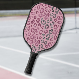 Elegant Pink Silver Glitter Leopard on Rose Gold Carbon Fiber Pickleball Paddle