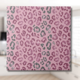Elegant Pink Silver Glitter Leopard on Rose Gold Ceramic Tile