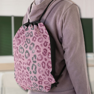 Elegant Pink Silver Glitter Leopard on Rose Gold Drawstring Bag