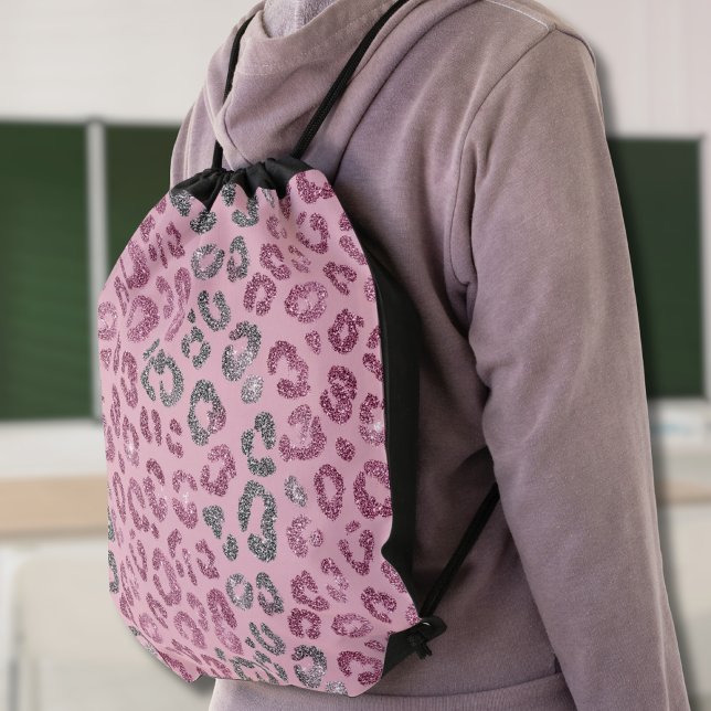 Elegant Pink Silver Glitter Leopard on Rose Gold Drawstring Bag (Creator Uploaded)