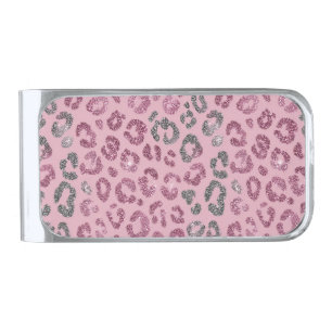 Elegant Pink Silver Glitter Leopard on Rose Gold Finish Money Clip