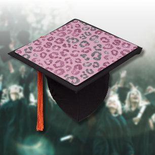 Elegant Pink Silver Glitter Leopard on Rose Gold Graduation Cap Topper