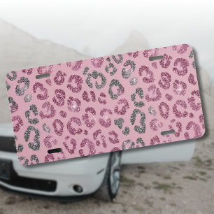 Elegant Pink Silver Glitter Leopard on Rose Gold License Plate