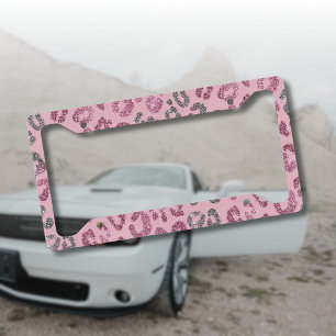 Elegant Pink Silver Glitter Leopard on Rose Gold License Plate Frame